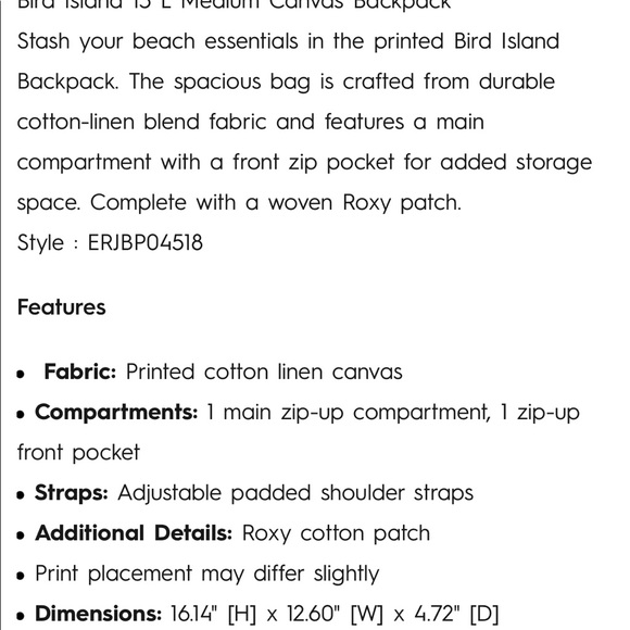 Roxy 15 L Medium Canvas Backpack. cotton-linen fabric ,front zip pocket … - Picture 6 of 7